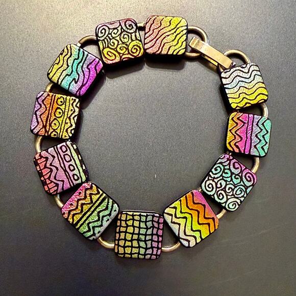 Handmade Jewelry - Rainbow Metallic Colorful Artisan Glass Link Bracelet